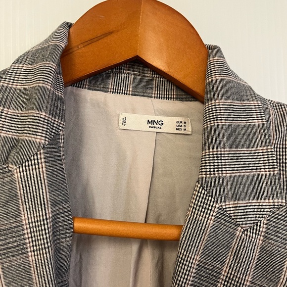 Mango Cotton Blend Checkered Plaid Blazer wooden buttons‎ with red details Fall - Picture 7 of 9
